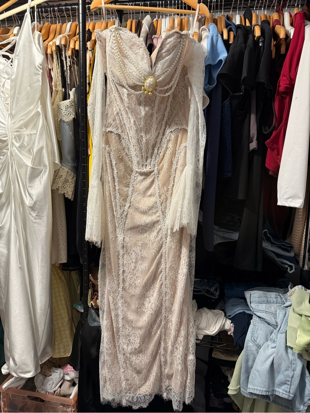 Long-Sleeve Lace Evening Gown in Cream with Pearl Accent